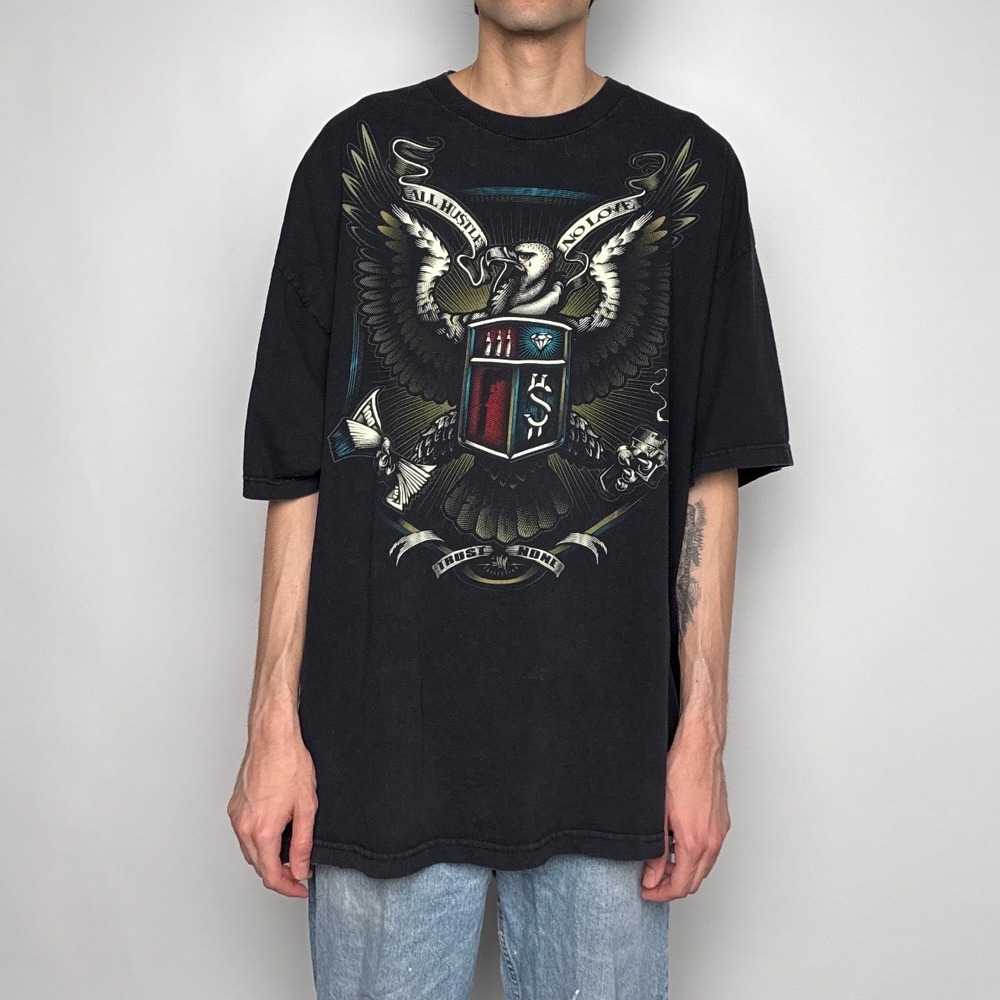 OG Obey All Hustle No Love Eagle Graphic T-Shirt Black Mens 4XL Tee Skater